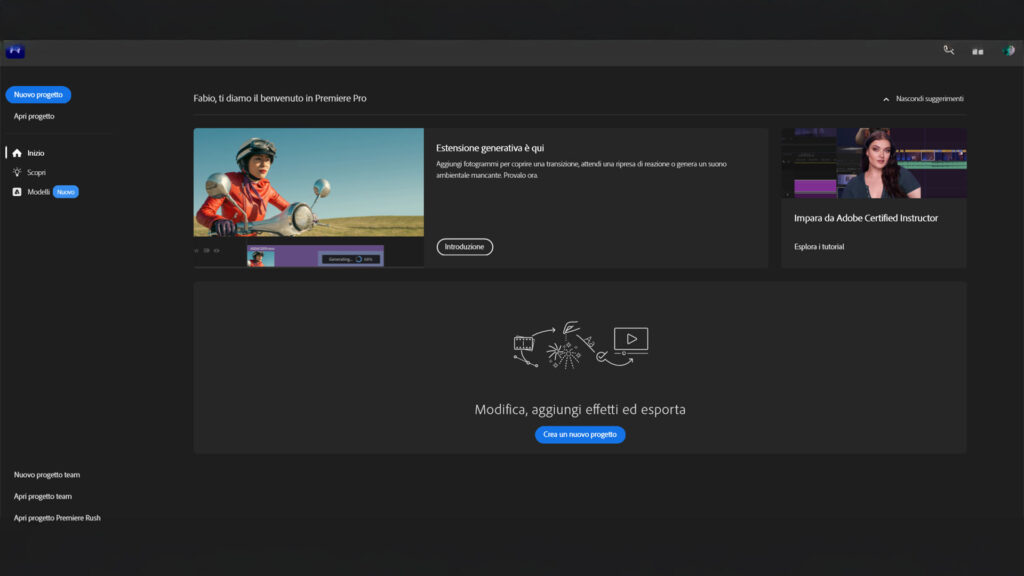 Schermata iniziale di Adobe Premiere:  creare un nuovo progetto