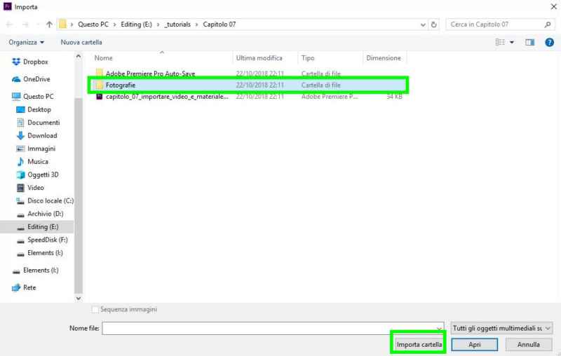 Importare video, audio, foto e immagini in Adobe Premiere Pro 2019