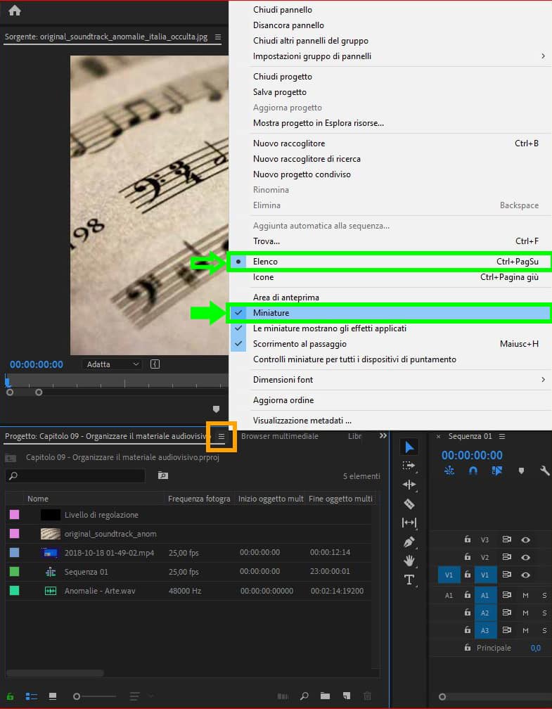 Opzioni visualizzazione Pannello Progetto Adoe Premiere 2019: opzioni elenco e miniature Opzioni visualizzazione Pannello Progetto Adoe Premiere 2019: opzioni elenco e miniature