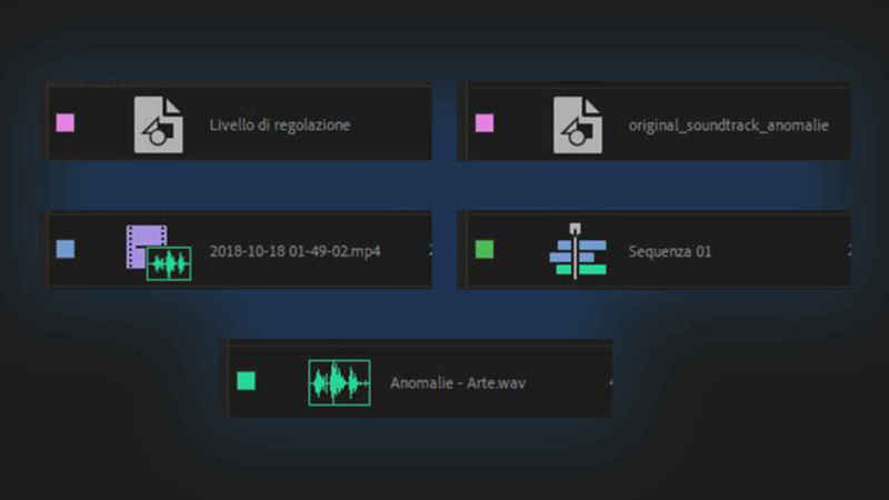 Pannello Progetto Premiere 2019: icone oggetti multimediali