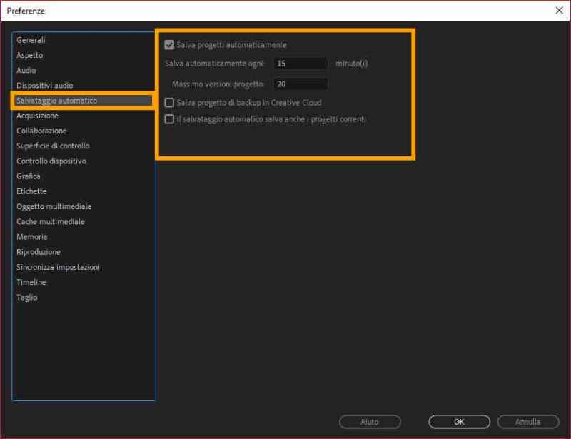 Preferenze e settaggi Adobe Premiere: salvataggi automatici