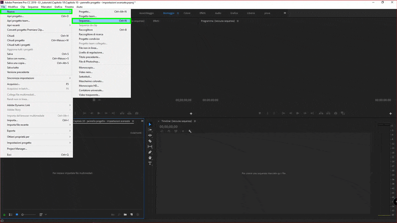 Come creare una nuova timeline (o sequenza) in Adobe Premiere 2019 Come creare una nuova timeline (o sequenza) in Adobe Premiere 2019