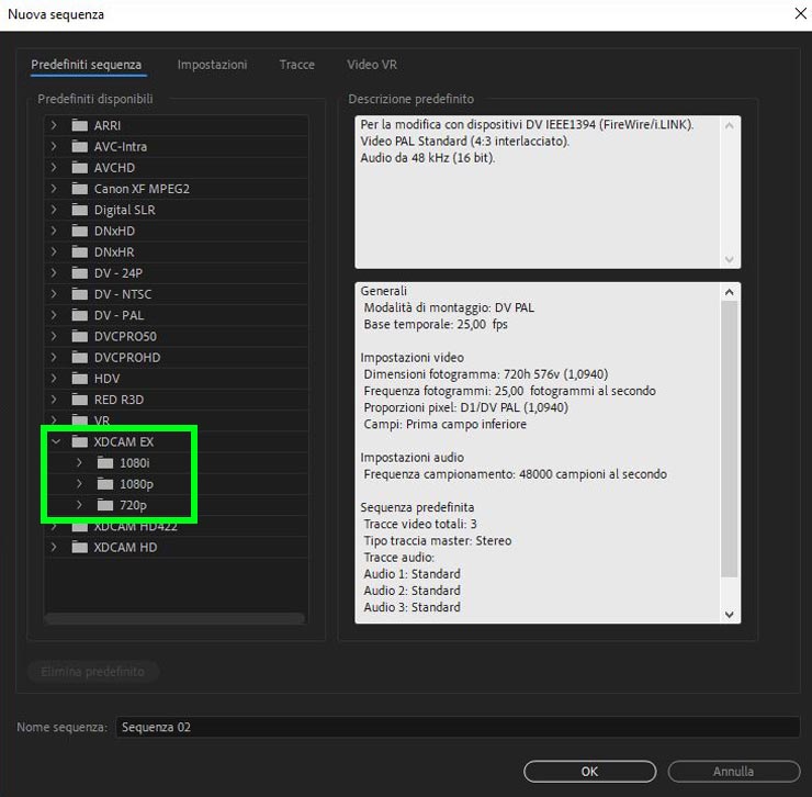 Finestra per la creazione di una nuova timeline (o sequenza) in Adobe Premiere 2019 Finestra per la creazione di una nuova timeline (o sequenza) in Adobe Premiere 2019
