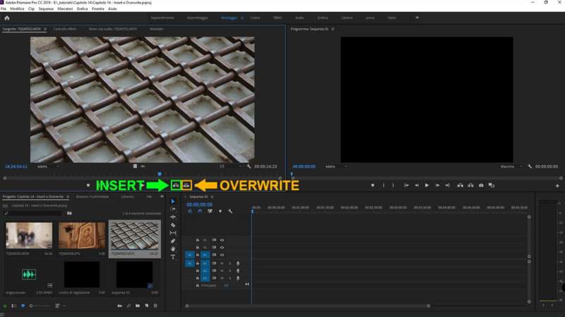 insert e Overwrite in Adobe Premiere 2019: monitor di anteprima