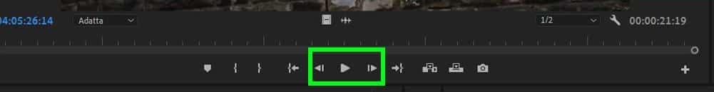 Monitor di anteprima Adobe Premiere 2019: bottoni PLAY - STOP - AVANTI - INDIETRO Monitor di anteprima Adobe Premiere 2019: bottoni PLAY - STOP - AVANTI - INDIETRO