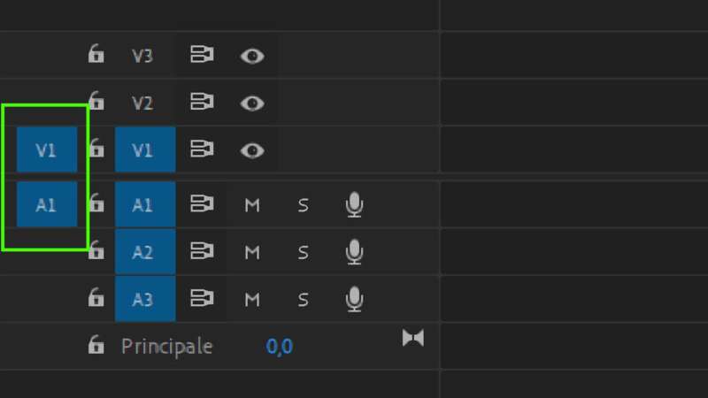 Selettori sorgente video nella timeline di Adobe Premiere 2019