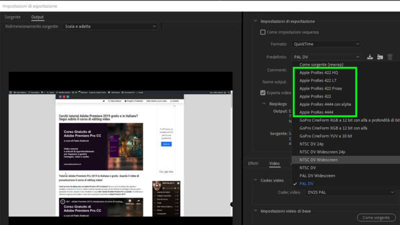 Come si esporta in Apple ProRes con Adobe Premiere 2019 se si utilizza Windows 10?