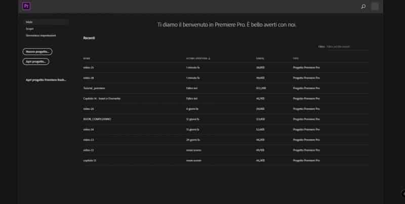 Come aprire progetti in Adobe Premiere 2019