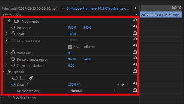 Pannello controllo effetti Adobe Premiere. Proprietà di default di una clip video