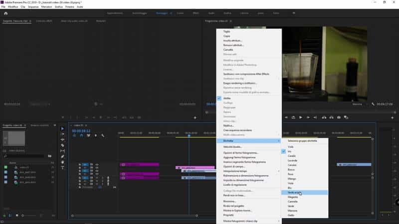Trucchi e scorciatoie da tastiera per lavorare nella timeline di Adobe Premiere: colorare le clip nella sequenza