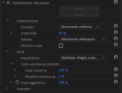 Impostazioni effetto stabilizzatore alterazione Adobe Premiere 2019