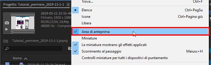 Come visualizzare l'area di anteprima e i dettagli della clip video in Adobe Premiere 2019