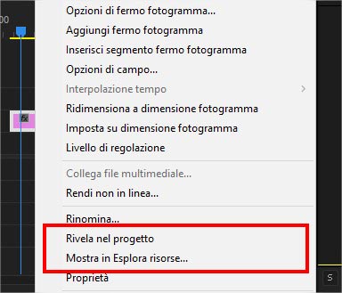 Adobe Premiere: rivela nel progetto e imposta in esplora risorse