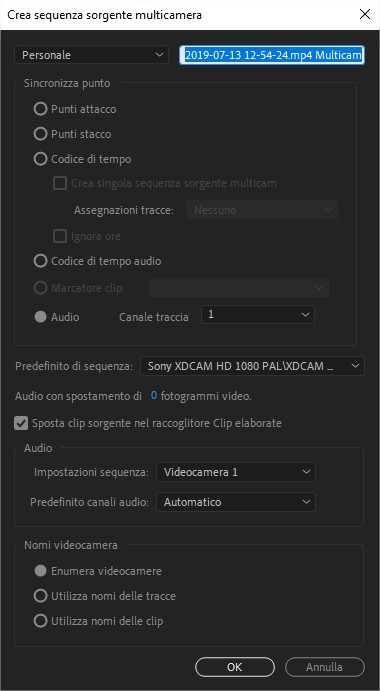 Crea Sequenza Sorgente Multicamera in Adobe Premiere 2019