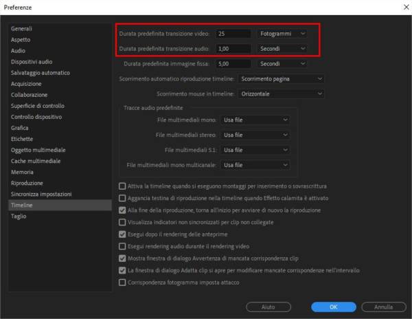 Come modificare la durata predefinita di una transizione audio o video in Adobe Premiere Pro 2019