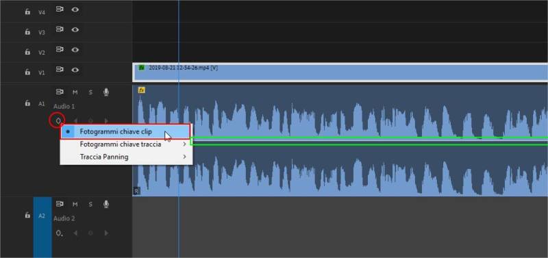 utilizzare i Keyframe per modificare il volume di una clip in Adobe Premiere Pro