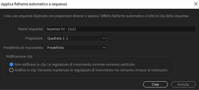Applica Reframe Automatico a sequenza