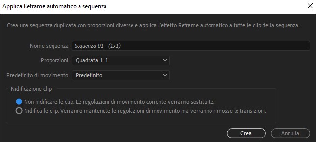 Applica Reframe Automatico a sequenza