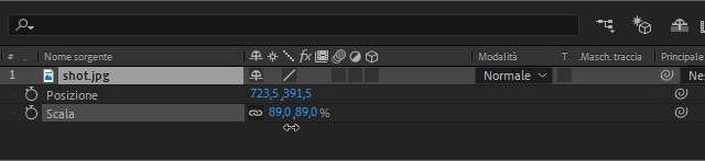 Modificare posizione rotazione scala e trasparenza in After Effects
