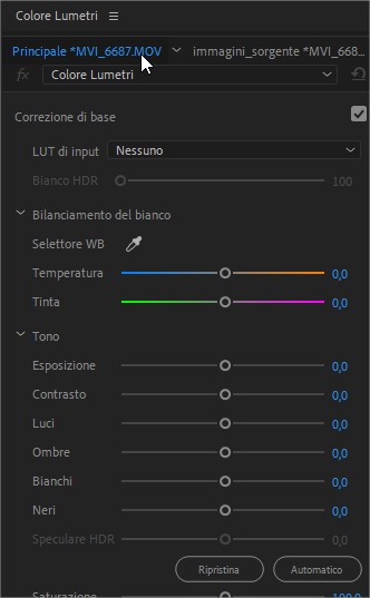 Pannello Colore Lumetri: modificare la color correction alle immagini sorgente