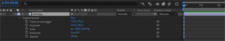 Posizione rotazione scala e trasparenza in After Effects