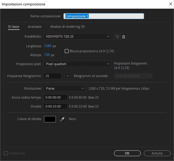Proprietà e valori da impostare quando si crea una nuova composizione in After Effects