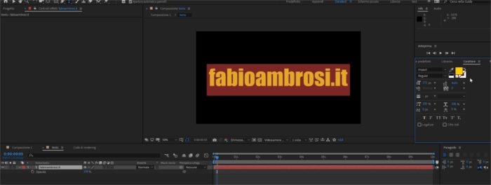 Con il pannello caratter è possibile modificare le caratteristiche del testo in After Effects