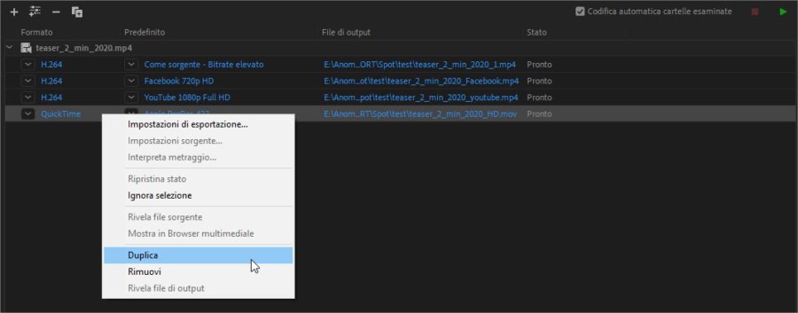 Come esportare più versioni della stessa clip usando Adobe Media Encoder