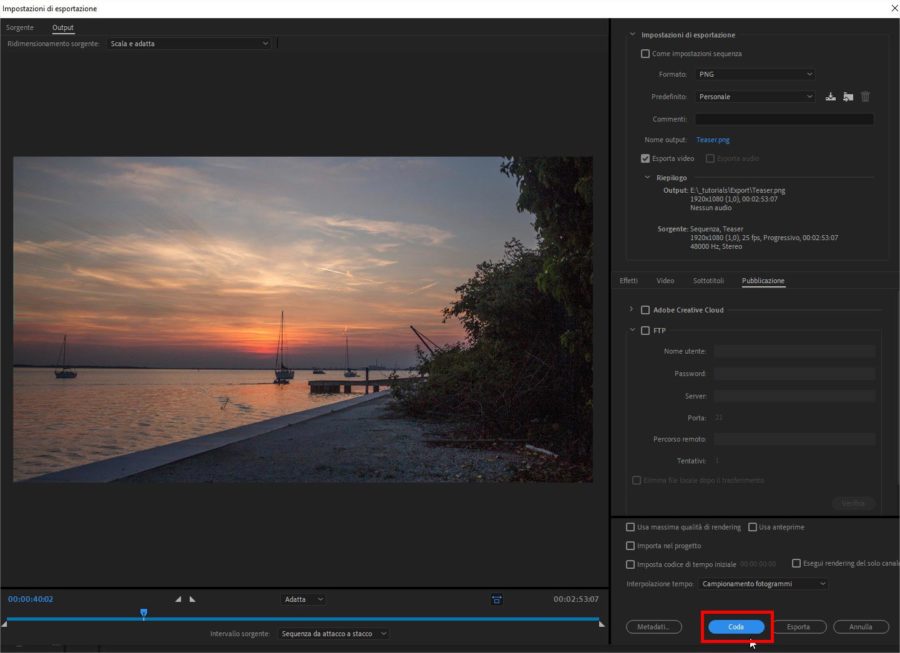 Come inviare una clip video da Adobe Premiere ad Adobe Media Encoder con la funzione coda di rendering