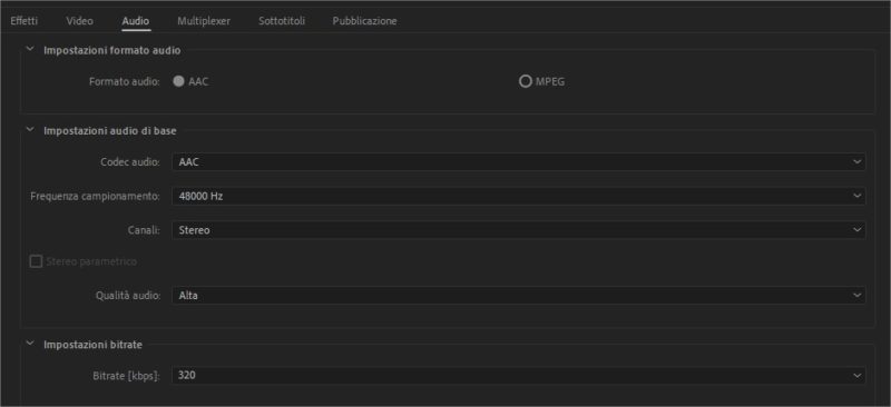 Modificare codec audio durante l'export con Adobe Premiere Pro