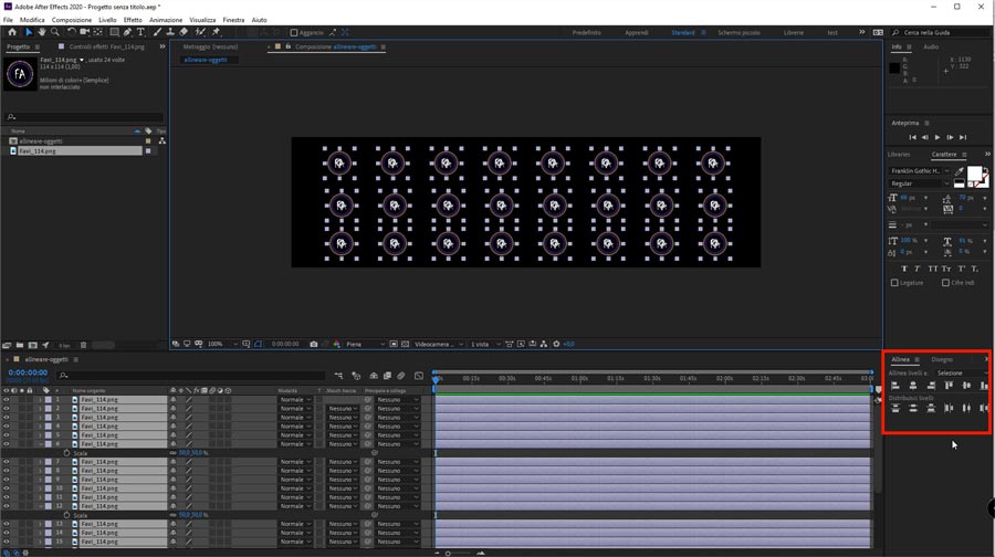 Pannello per allineare gli oggetti in After Effects