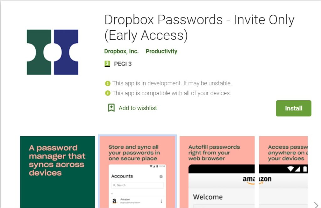 Dropbox Passowrd Manager su Google Play Store