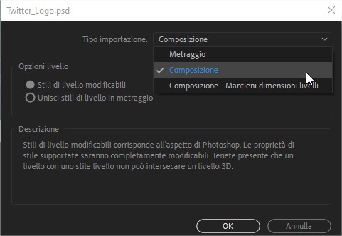 Come importare progetti Adobe Photoshop in Adobe After Effects: opzioni di import