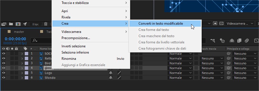 Come modificare il testo di un livello Photoshop in modo da poterlo editare in After Effects