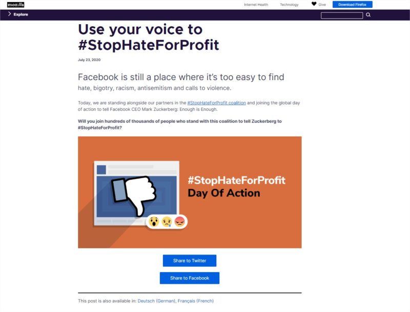 Mozilla invia una notifica agli utenti Firefox per boicottare Facebook