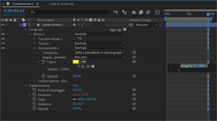 Espressioni in After Effects: funzione wiggle applicata al Riempimento
