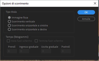 Opzioni scorrimento testo nella titolatrice di Adobe Premiere Pro