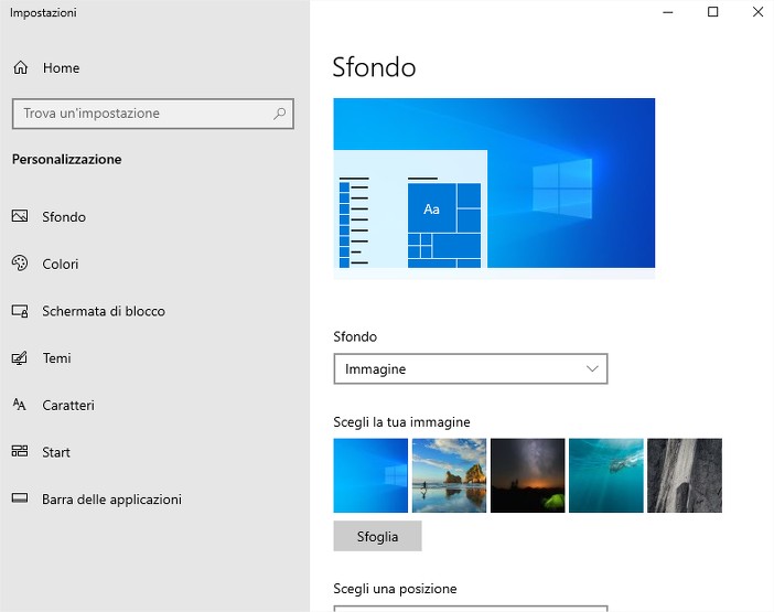 Come personalizzare l'aspetto di Windows 10: pannello impostazioni