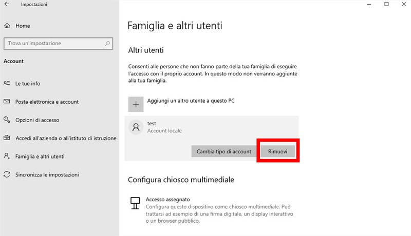 Come rimuovere un account utente in Windows 10