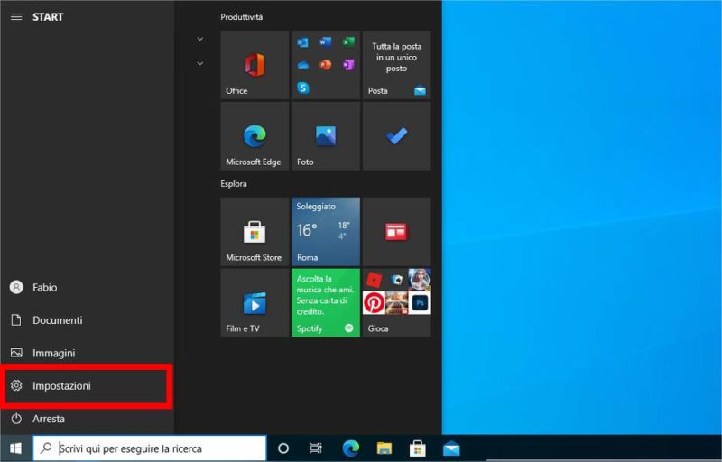 Come gestire gli utenti in Windwso 10: accedere alle impostazioni dal menu