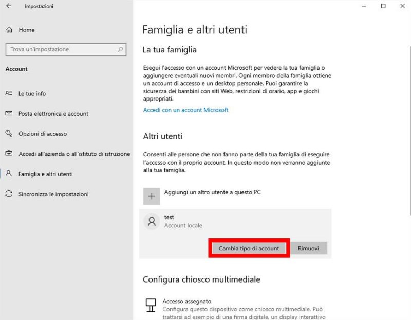 Come modificare tipo di account in Windows 10