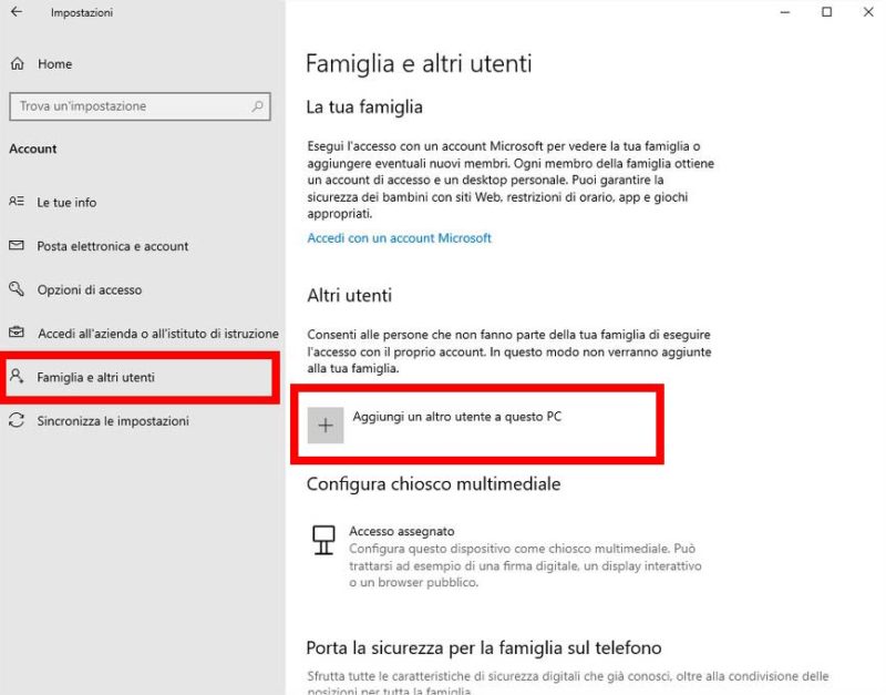 Pannello impostazioni: aggiungere nuovo account utente in Windows 10