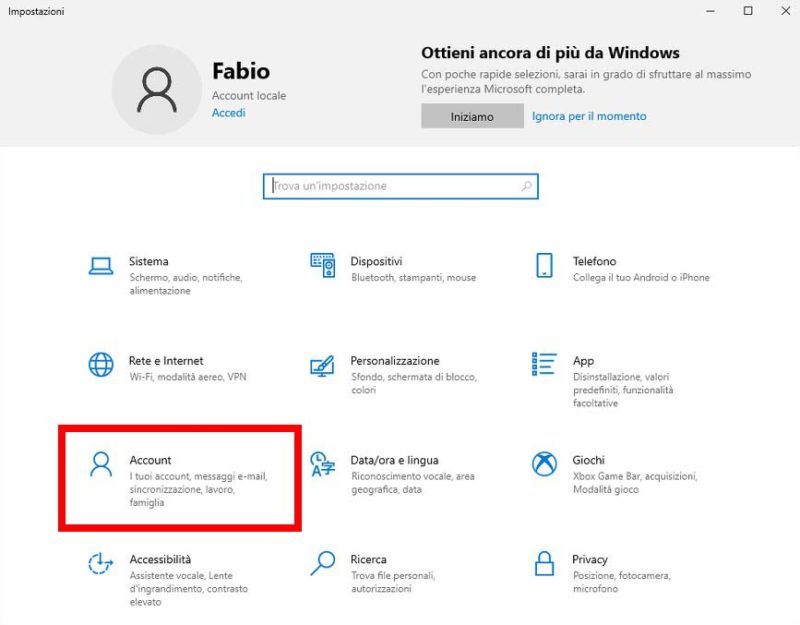 Pannello delle impostazioni Windows 10: account utente