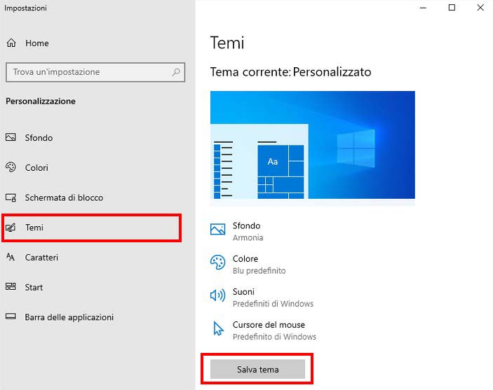 Come scegliere il tema e modificarlo in Windwso 10