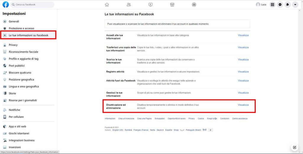 Come cancellarsi definitivamente da Facebook - STEP 3 - Disattivazione ed eliminazione