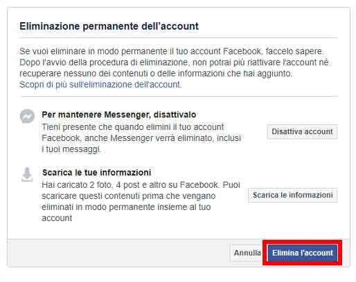 Come cancellarsi definitivamente da Facebook - STEP 5 - Conferma eliminazione account