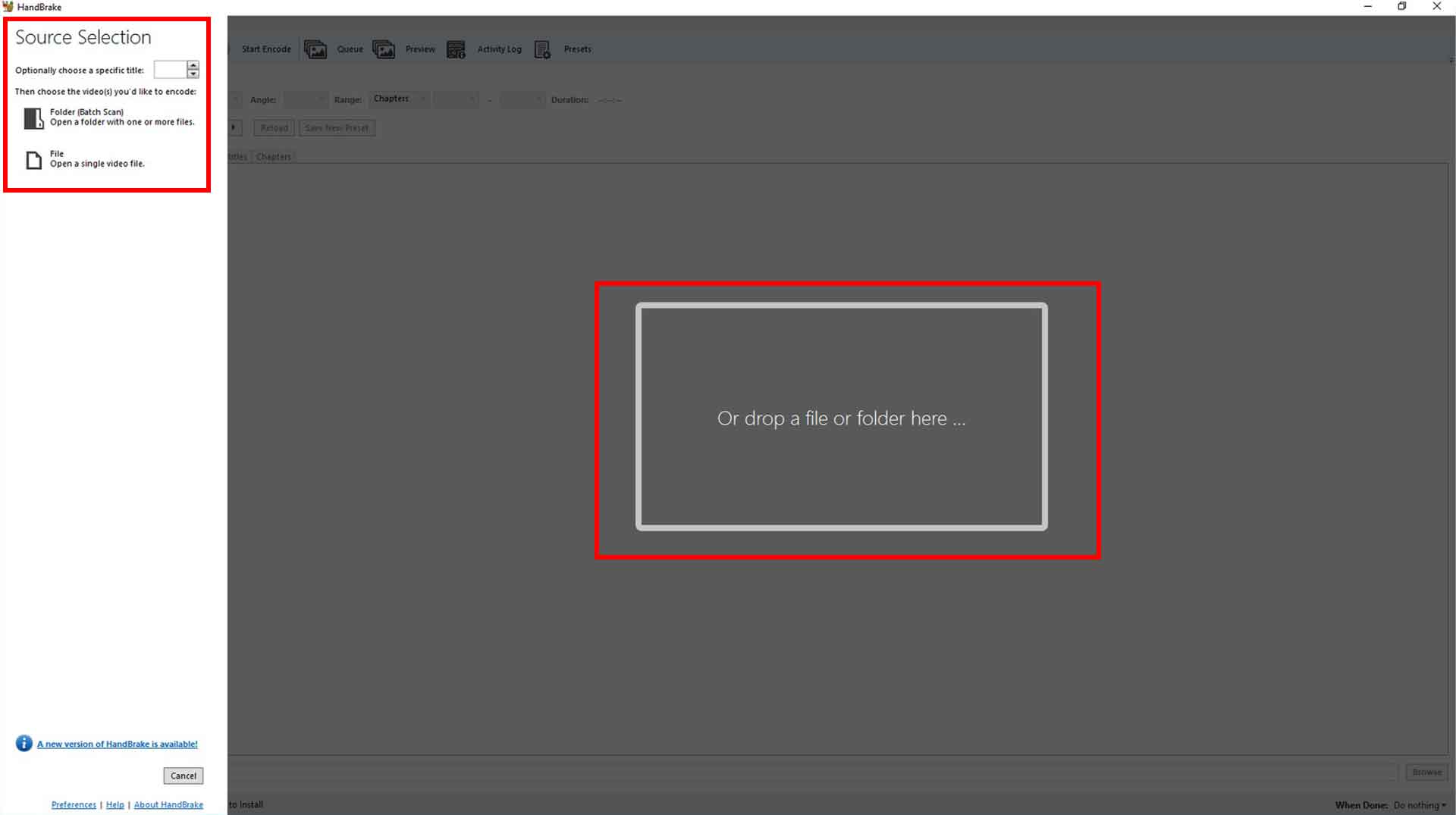 Importare il file video / audio da convertire in HandBrake trascinandolo nello spazio dedicato