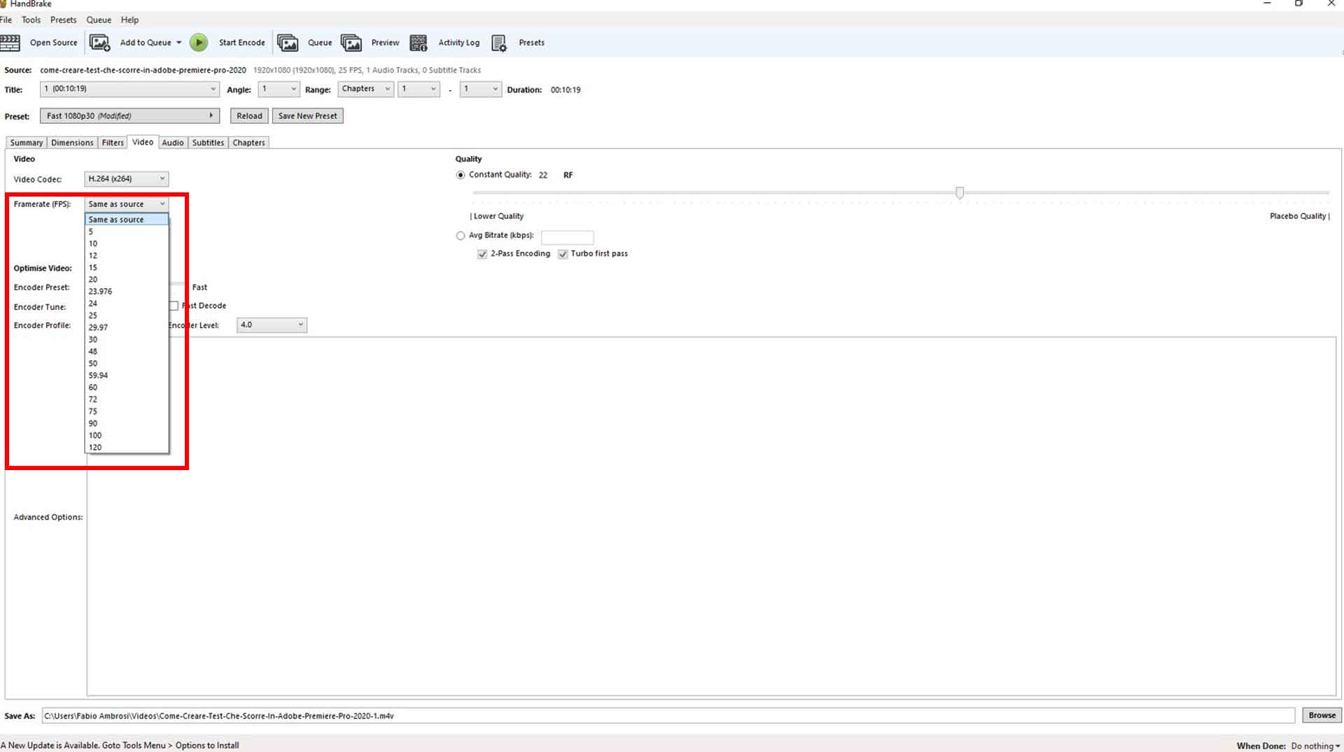 Verificare le impostazioni e assicurarsi che il framerate sia impostato su COME SORGENTE