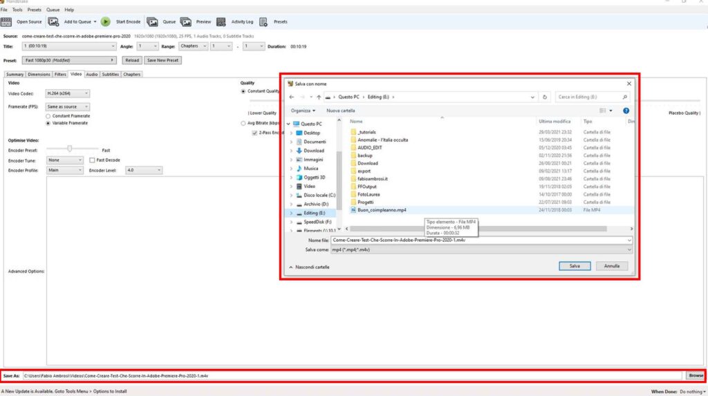 Come convertire un file video / audio gratuitamente usando HandBrake - STEP 4 - Scegli nome file e destinazione di output Come convertire un file video / audio gratuitamente usando HandBrake - STEP 4 - Scegli nome file e destinazione di output