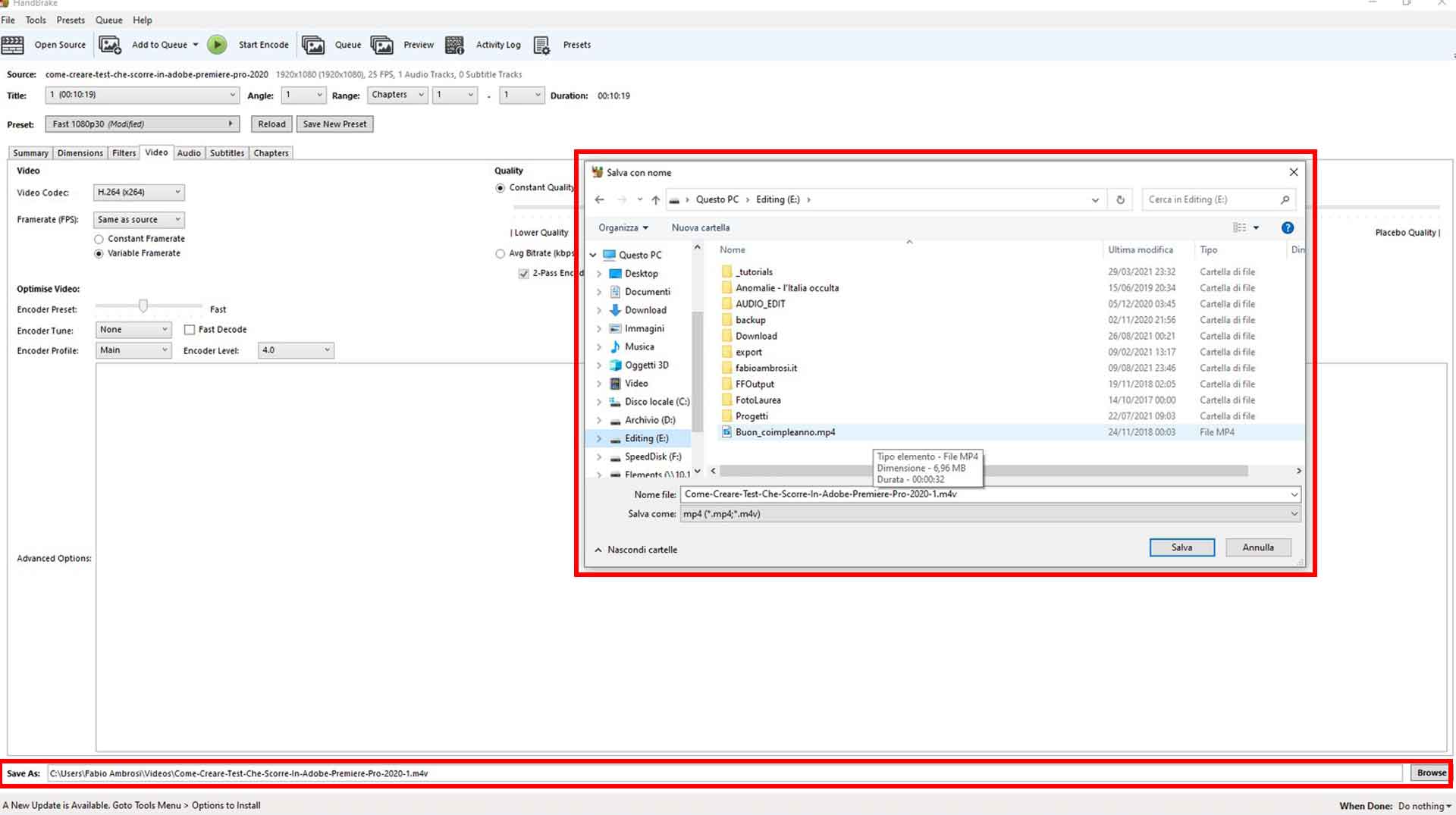 Scegliere il nome e la destinazione per il file di output cliccando in basso a destra su Browse